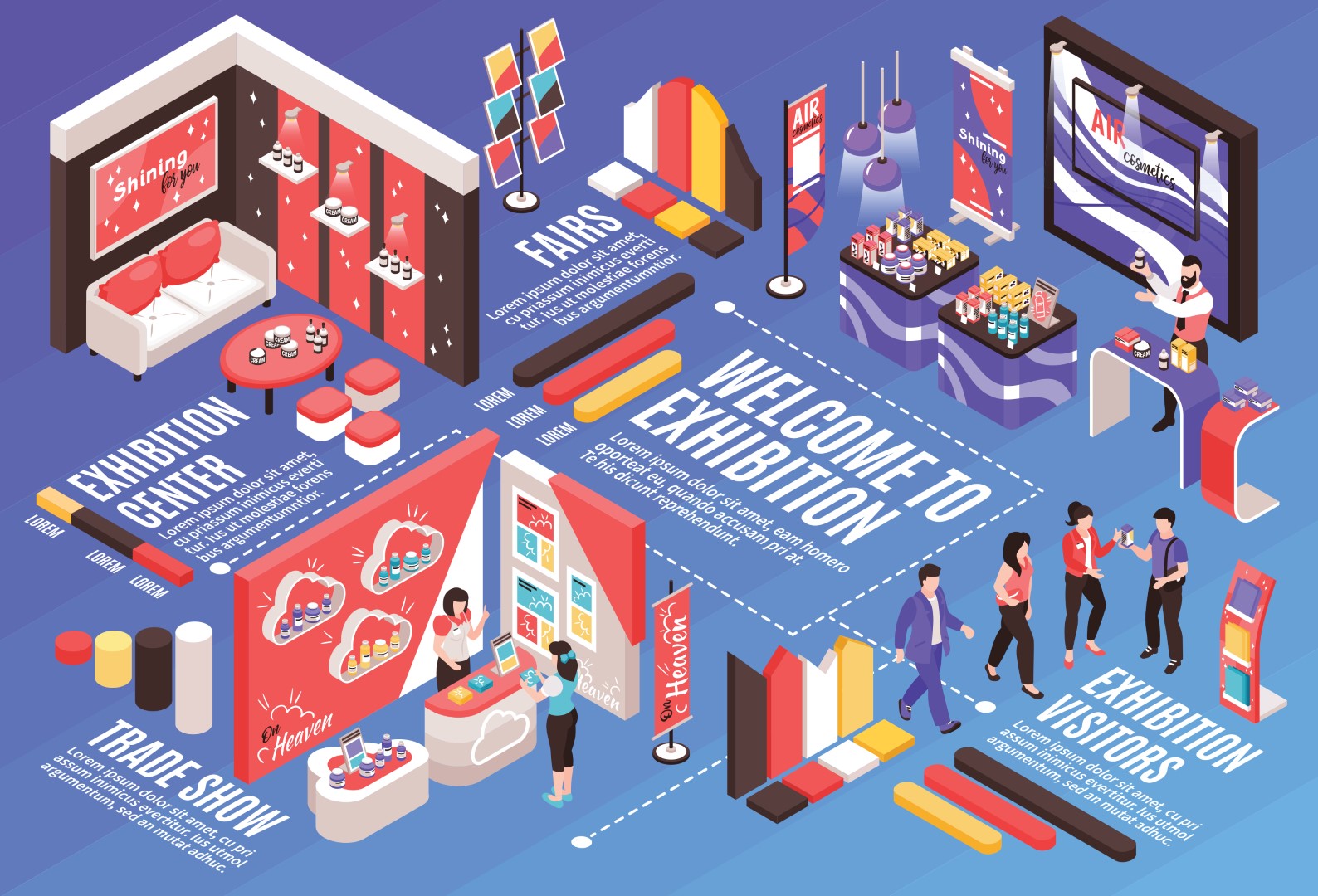Isometric,Expo,Stand,Horizontal,Composition,With,Infographic,Elements,Text,Captions